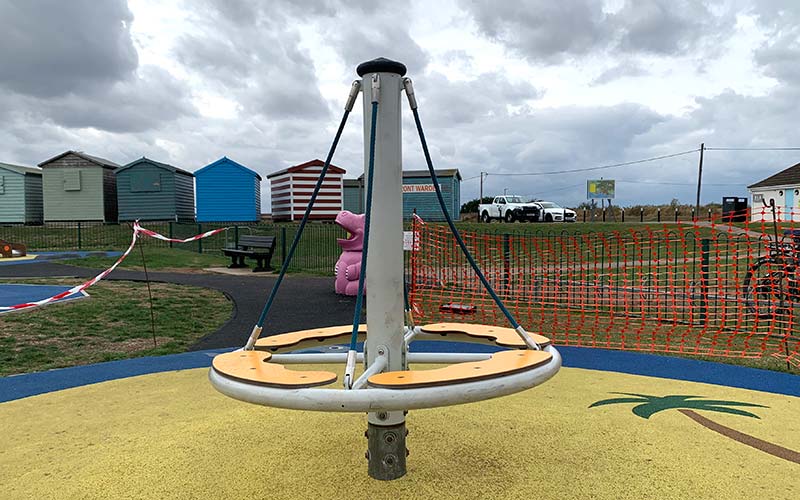 Illustrating Playground roundabout off limits after children's shoelaces trapped on Brightlingsea Info