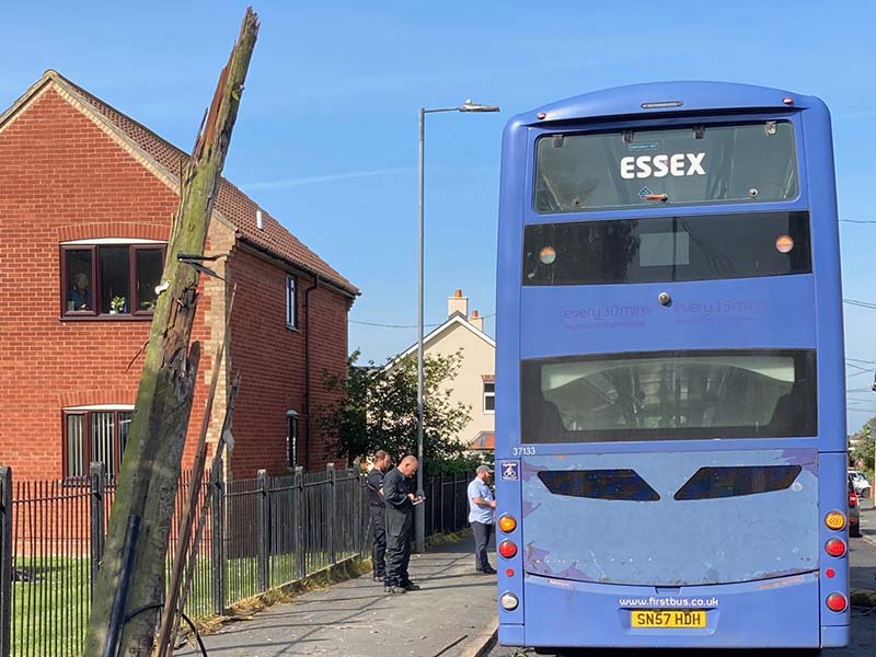 Illustrating Bus hits telegraph pole in Station Road on Brightlingsea Info
