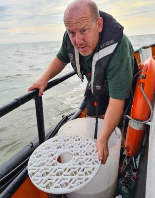 Gary Humm releasing young lobsters on the Gunfleet Sands wind farm