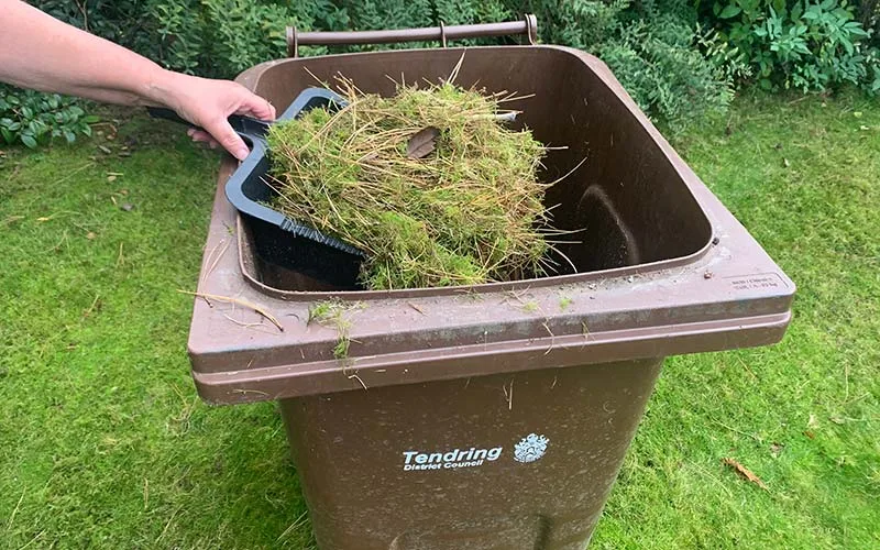 a hand holding a shovel with grass in a trash can